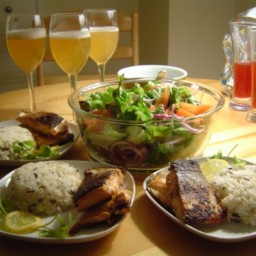 miso salmon fillet with wild rice and salad